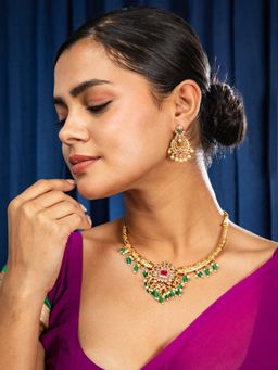 Niscka - Royal Heritage Green Pink Temple Choker Necklace with Earrings