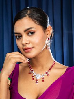 Niscka - Ruby Red Floral American Diamond Necklace with Earrings