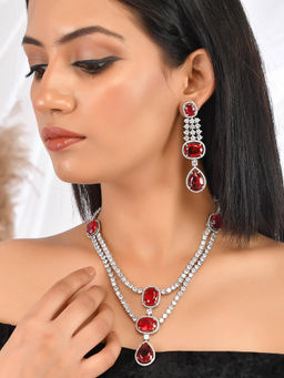 Silvermerc Designs - Red Long Ruby Diamond Bridal Necklace with Earrings