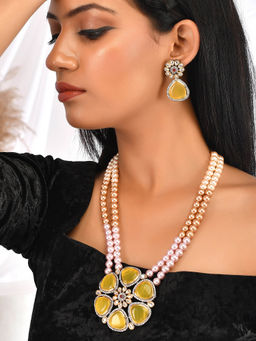 Silvermerc Designs - Yellow Pearl Ranihaar Kundan Necklace with Earrings