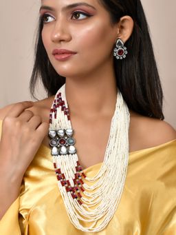 Silvermerc Designs - White Kundan Heavy Long Layered Brooch Necklace and Earrings