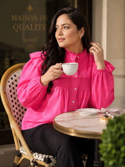 KASSUALLY - CURVE BY KASSUALLY Pink Mandarin Collar Puff Sleeve Boxy Shirt