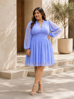 KASSUALLY - CURVE BY KASSUALLY Blue Dobby Solid Dress