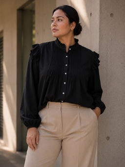 KASSUALLY - CURVE BY KASSUALLY Women Black Mandarin Collar Pin-Tech Top