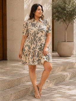 KASSUALLY - CURVE BY KASSUALLY Beige Front Open Mini Shirt Dress