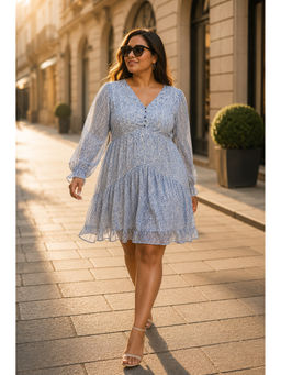 KASSUALLY - CURVE BY KASSUALLY Fit And Flare Printed V Neck Blue Dress