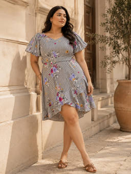 KASSUALLY - Curve By Kassually White & Black Printed Skater Dress