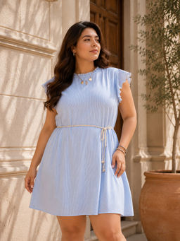 KASSUALLY - CURVE BY KASSUALLY Sky Blue Striped Elegance Dress With Belt