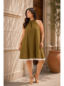 KASSUALLY - CURVE BY KASSUALLY Summer Charm Olive Halter Neck Chiffli Dress