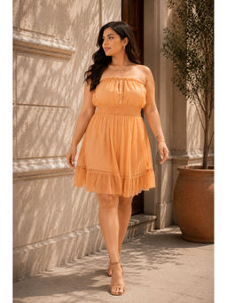 KASSUALLY - CURVE BY KASSUALLY Brown Smoky Waist Tube Dress With Ruffle Hem