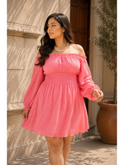 KASSUALLY - CURVE BY KASSUALLY Pink Elegant Off-Shoulder Dobby Georgette Dress