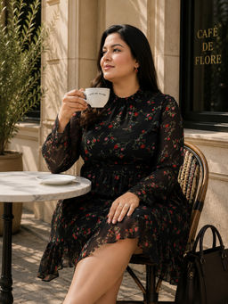 KASSUALLY - Plus Size Floral Print Chiffon Empire Midi Dress