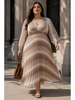 KASSUALLY - Women Beige Long Sleeves V-Neck Abstract Printed Dress