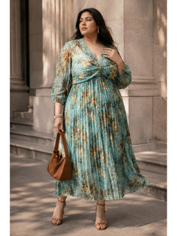 KASSUALLY - Women Green Long Sleeves V-Neck Floral Printed Dress