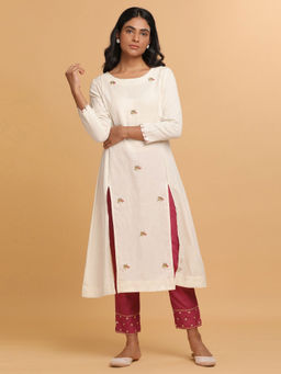 Folksong - Solid White Cotton Flax embroidered Kurta