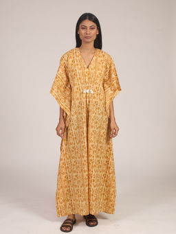 Kasya - Yellow Cotton Printed Long Kaftan