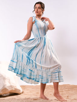 First Resort by Ramola Bachchan - Blue Tie-dye Smocking Long Dress