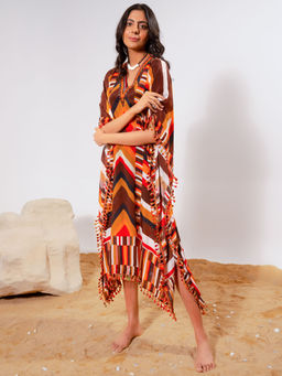 First Resort by Ramola Bachchan - Brown And Orange Striped Mid Length Kaftan