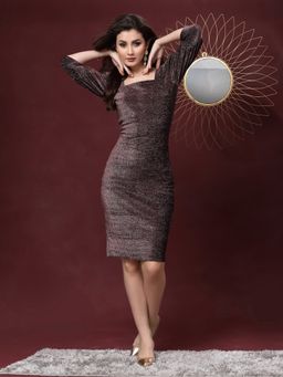 KASSUALLY - Brown Balloon Sleeve Bodycon Knee Dress
