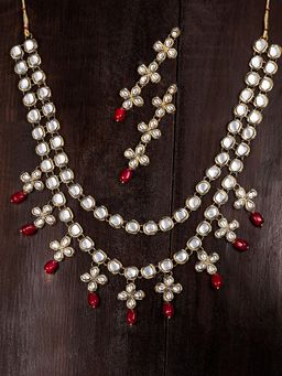 Zaveri Pearls - Gold Tone Traditional Kundan & Dangling Beads Necklace With Earrings (Set of 2)