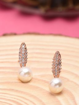 Zaveri Pearls - Rose Gold Cubic Zirconia & Pearl Drop Contemporary Brass Earring-ZPFK10089