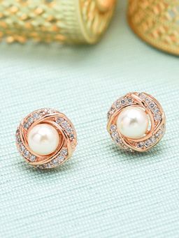 Zaveri Pearls - Rose Gold Cubic Zirconia & Pearl Contemporary Brass Stud Earring-ZPFK10093