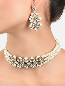 Zaveri Pearls - Gold Tone Crystal Shine Stones & Multistrand Necklace & Earring (Set of 2)-ZPFK10101
