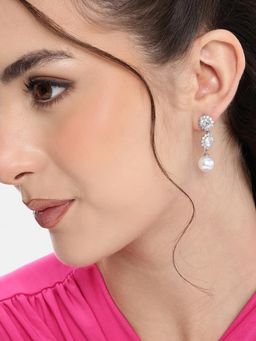 Carlton London - Silver Plated Cz Dangling Pearl Circular Drop Earring