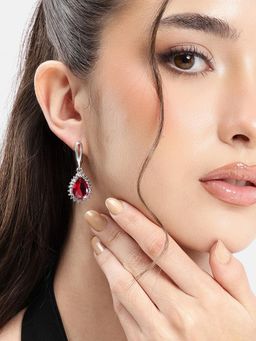 Carlton London - Silver Plated Cz Ruby Teardrop Hoop Earring