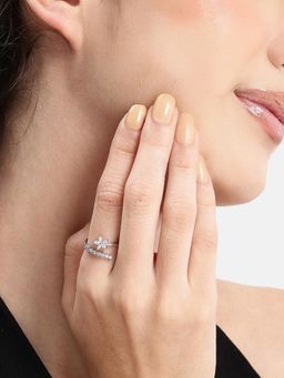 Carlton London - Silver Plated Cz Floral Adjustable Ring