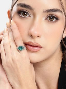 Carlton London - Silver Plated Cz Green Solitaire Adjustable Ring