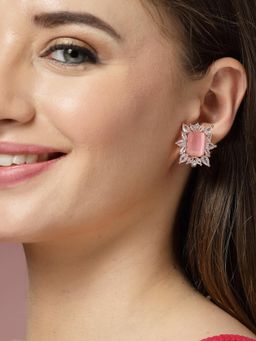 ADIVA - Rose Gold-Plated Pink Ad Stone-Studded Stud Earrings