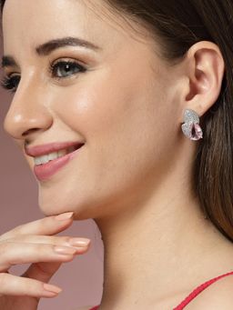ADIVA - Silver-Plated Pink Ad Stone Floral Stud Earrings