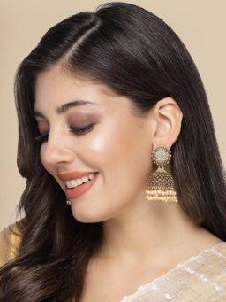 ADIVA - Antique Gold-Plated Green Hand-Painted Pearl Floral Jhumka Earrings