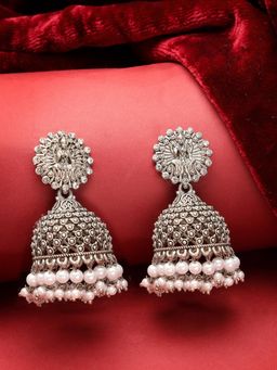 ADIVA - Silver-Plated Ad Stone and Pearls Oxidized Temple Jhumka Earrings