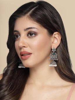 ADIVA - Oxidized Silver-Plated Multi Stone and Pearl Peacock Jhumka Earrings