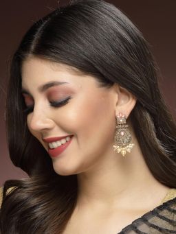 ADIVA - Gold-Plated Pink Stone and Pearl Antique Drop Earrings