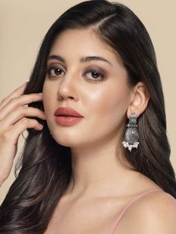 ADIVA - Silver-Plated Kundan Stone and Pearl Oxidized Drop Earrings