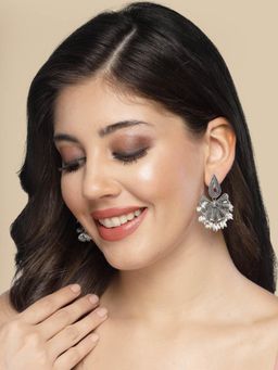 ADIVA - Oxidized Silver-Plated Pink Stone and Pearls Floral Drop Earrings