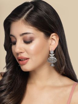 ADIVA - Oxidized Silver-Plated Kundan Stone and Pearls Jhumka Earrings