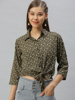 SHOWOFF - Women Shirt Collar Floral Olive Regular Top