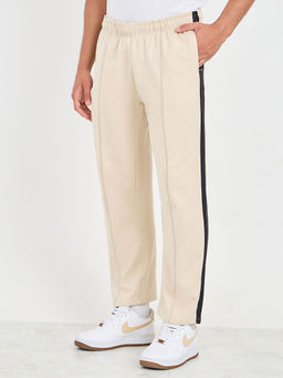 Styli - Mens Beige Cotton Side Contrast Open Hem Relaxed Fit Trackpant with Zip Pockets
