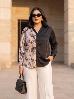 Qurvii - Black Satin Colorblock Shirt