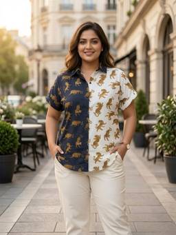 Qurvii - White Cotton Tiger Printed Shirt