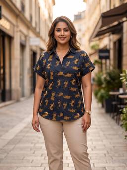 Qurvii - Black Cotton Tiger Printed Shirt