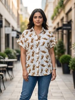 Qurvii - White Cotton Tiger Printed Shirt