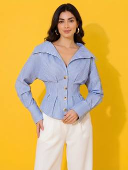 Buynewtrend - Blue Pinstripe Button-Front Cinched Waist Shirt