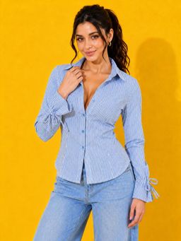 Buynewtrend - Blue Striped with Tie Cuff Long Sleeve Shirt
