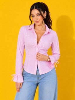 Buynewtrend - Pink Striped with Tie Cuff Long Sleeve Shirt
