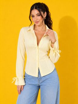 Buynewtrend - Yellow Striped with Tie Cuff Long Sleeve Shirt